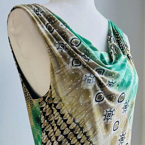 Joseph Ribkoff Sand & Jade Tiered Cowl-Neck Dress with Iridescent Dots – US 12 - Picture 1 of 11